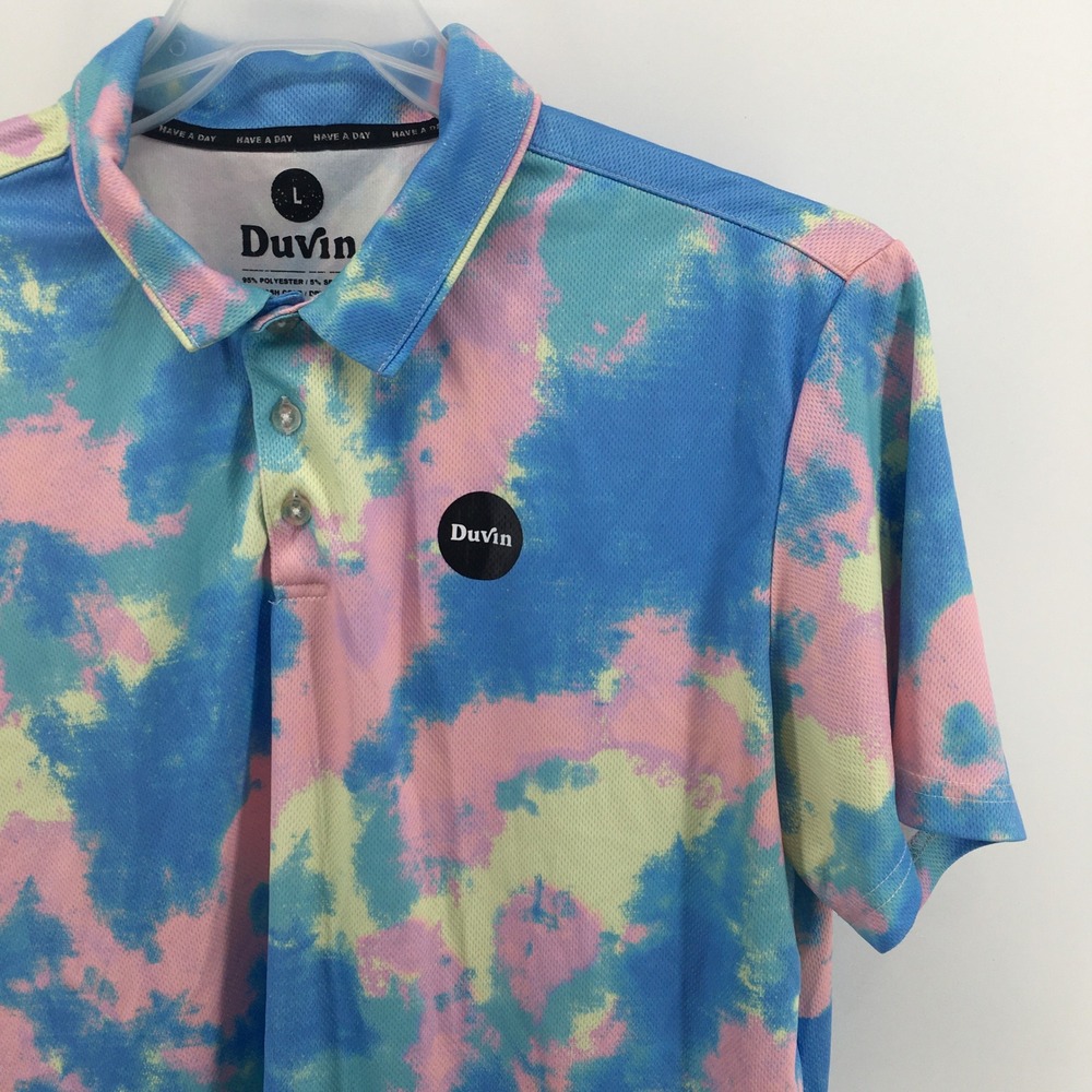 Duvin Polo Shirt Mens Large Blue Pink Yellow Tie Dye Short Sleeve Golf Casual